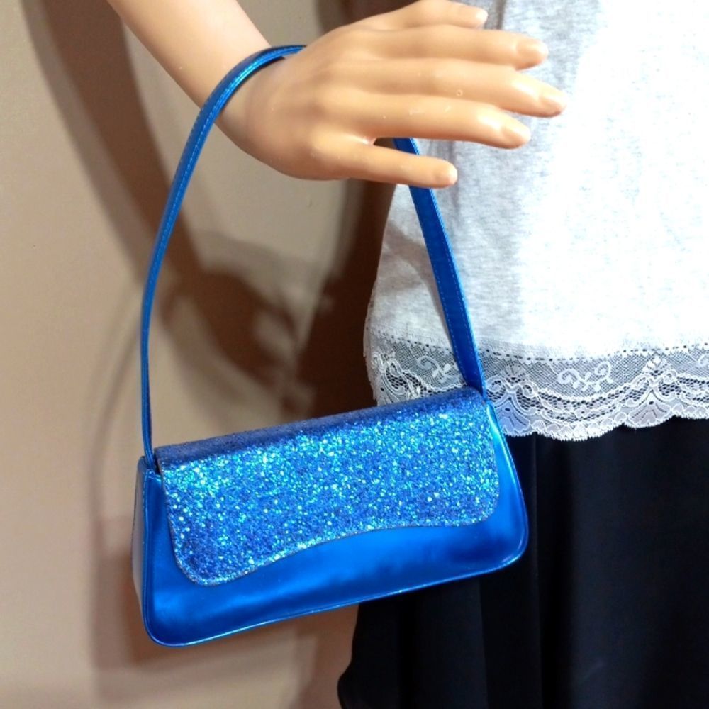 Far Nine metalic blue with glitter evening bag,  9 x 4.5 x 2 3/4